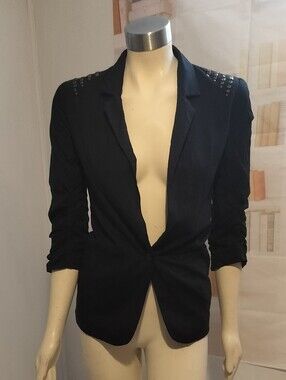 Women's Black Single-Button Blazer with Studded Shoulder Detail